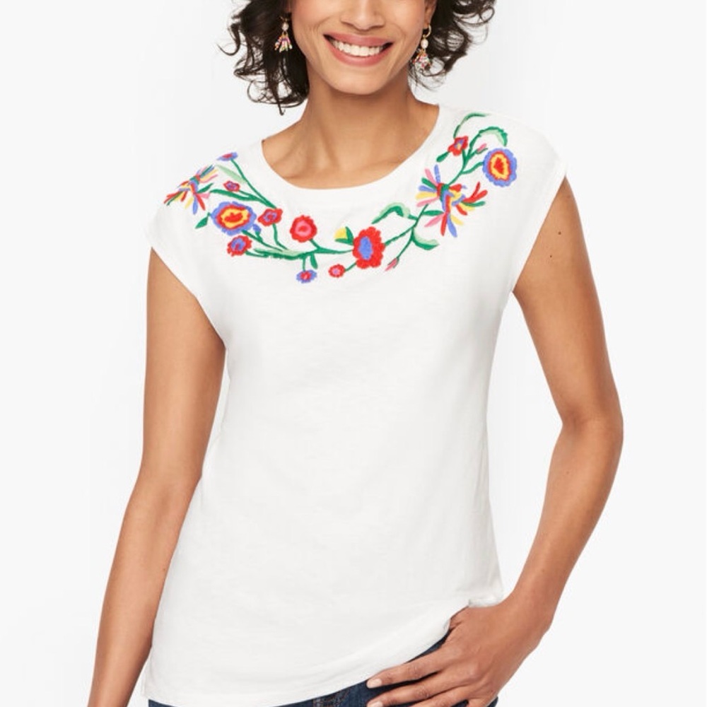 TALBOTS | Embroidered Floral Crewneck Cap-Sleeve Top - White  Size XL NWT